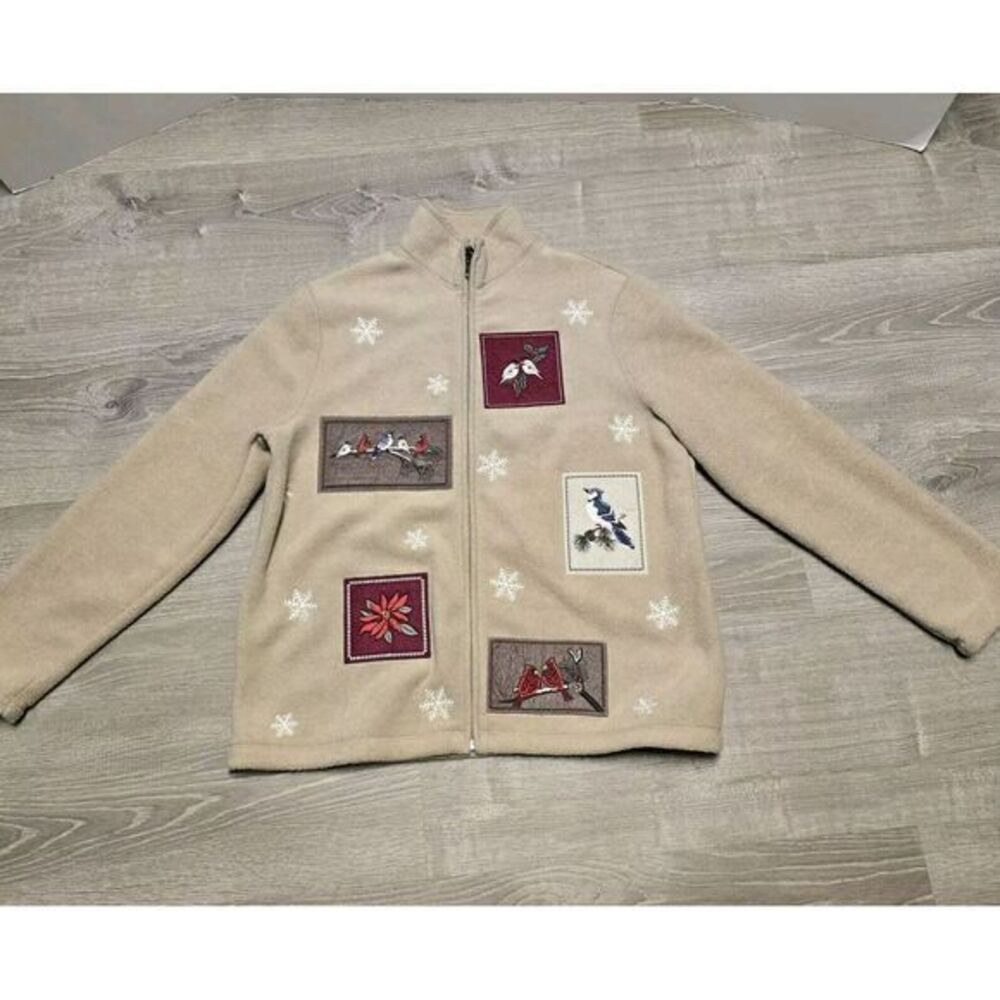 Croft & Barrow Women's Beige Fleece Zip-Up With Birds & Snowflakes Size L